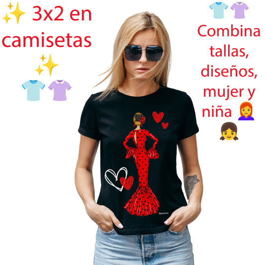 🎉3x2💃 Camisetas Flamencas mujer + niña – algodón orgánico – Modelo María rojo