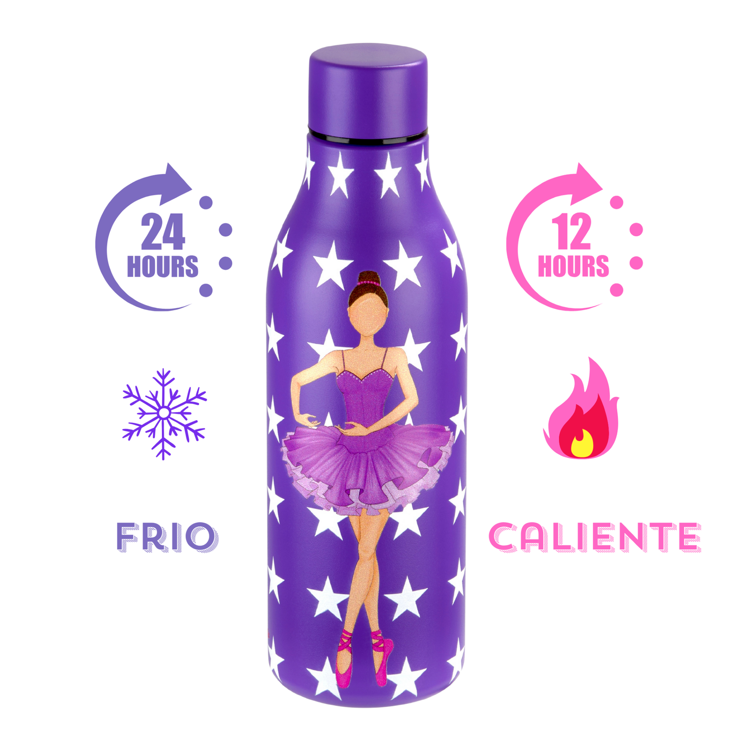 a purple bottle with a picture of a ballerina on it