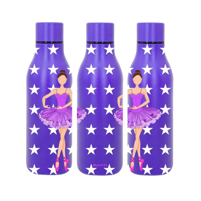 a set of three purple bottles with a ballerina on them