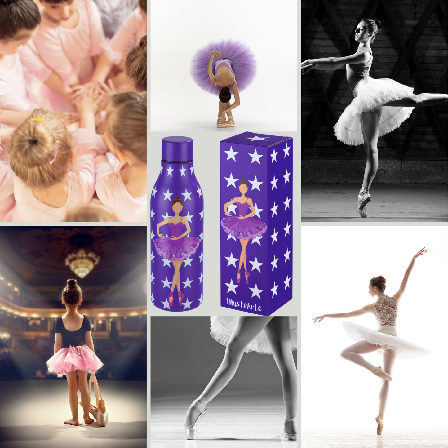 a collage of photos with a ballerina and a bottle of wine