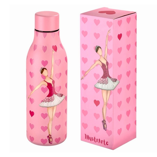 a pink bottle with a picture of a ballerina on it