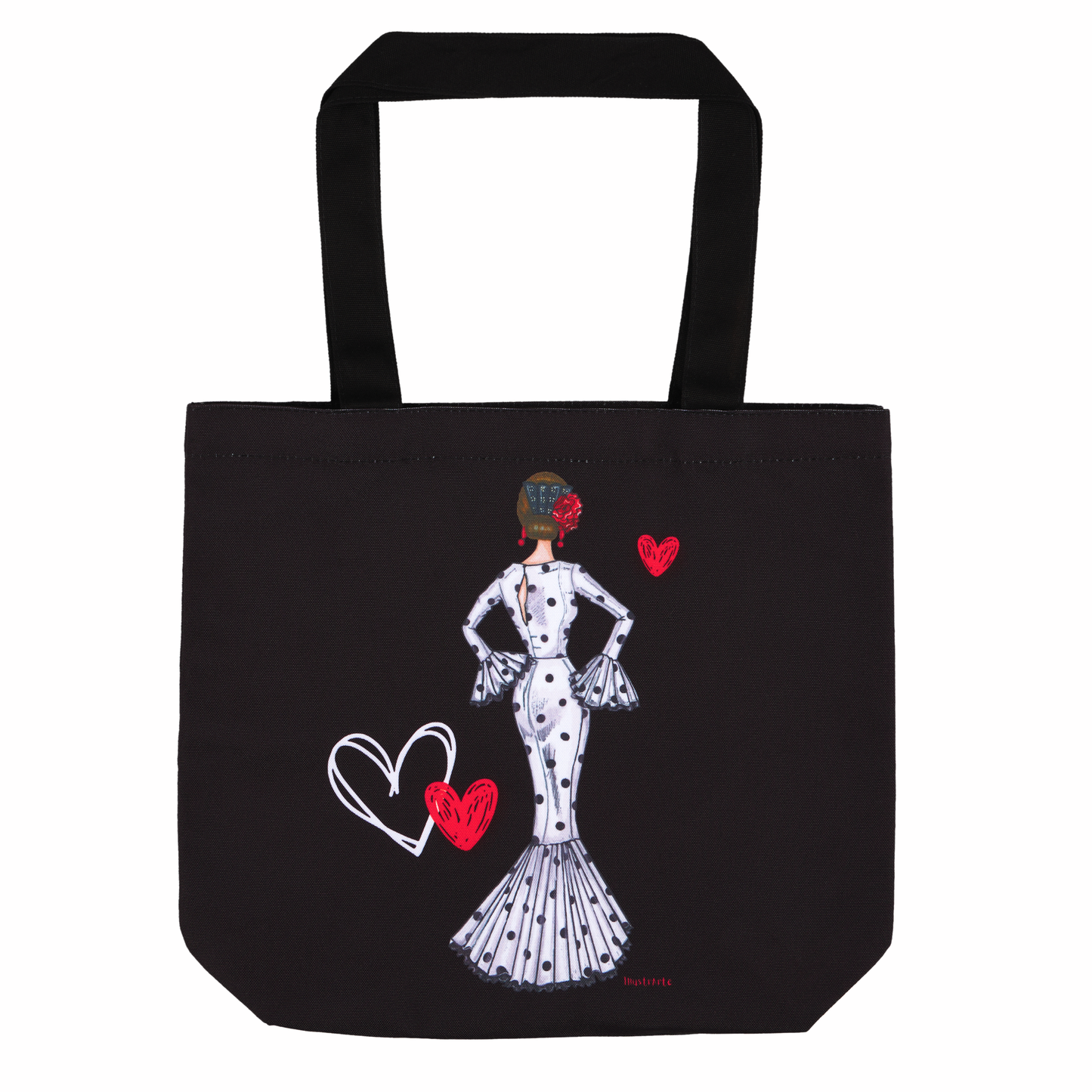 a black tote bag with a picture of a woman holding a heart