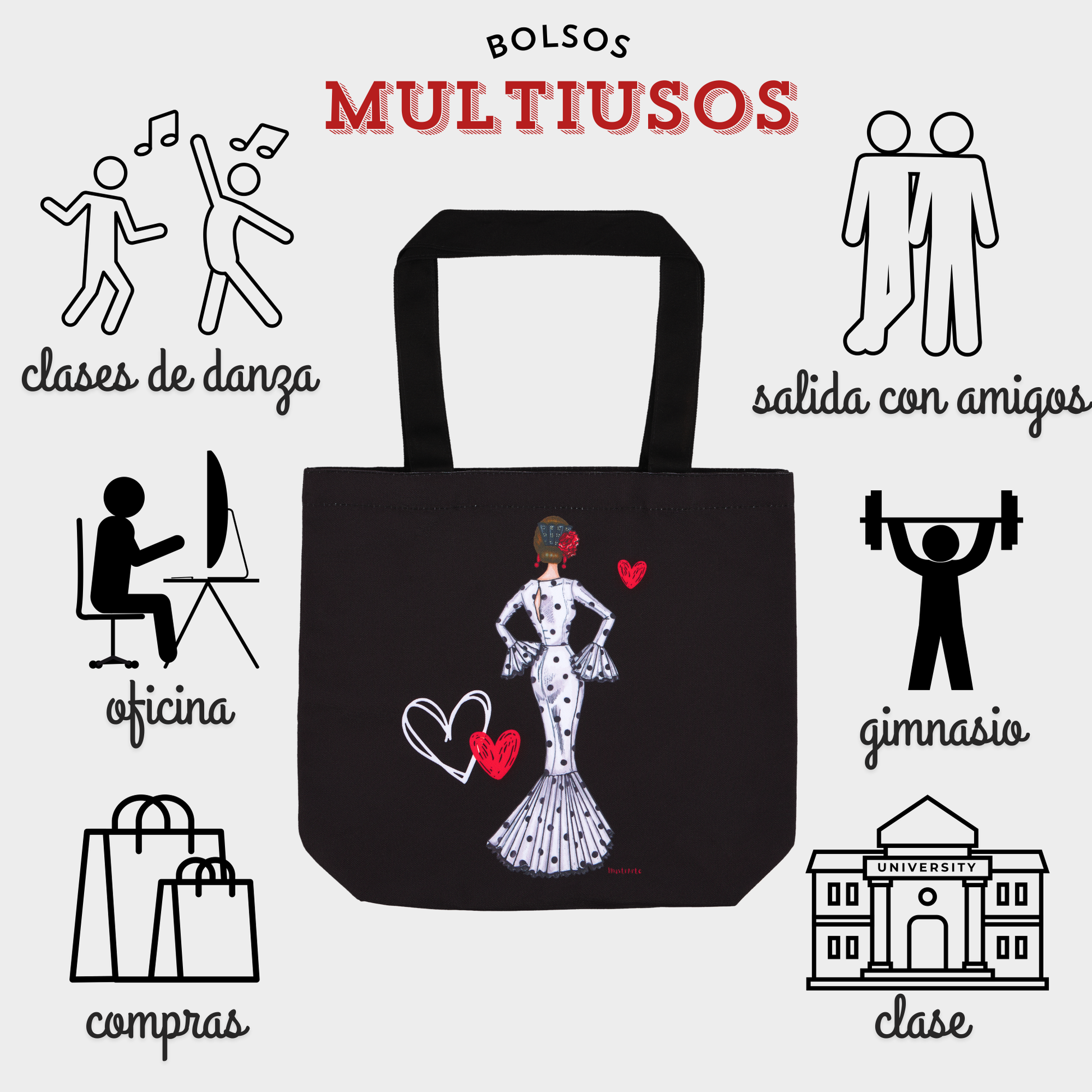 a black bag with a picture of a woman holding a heart