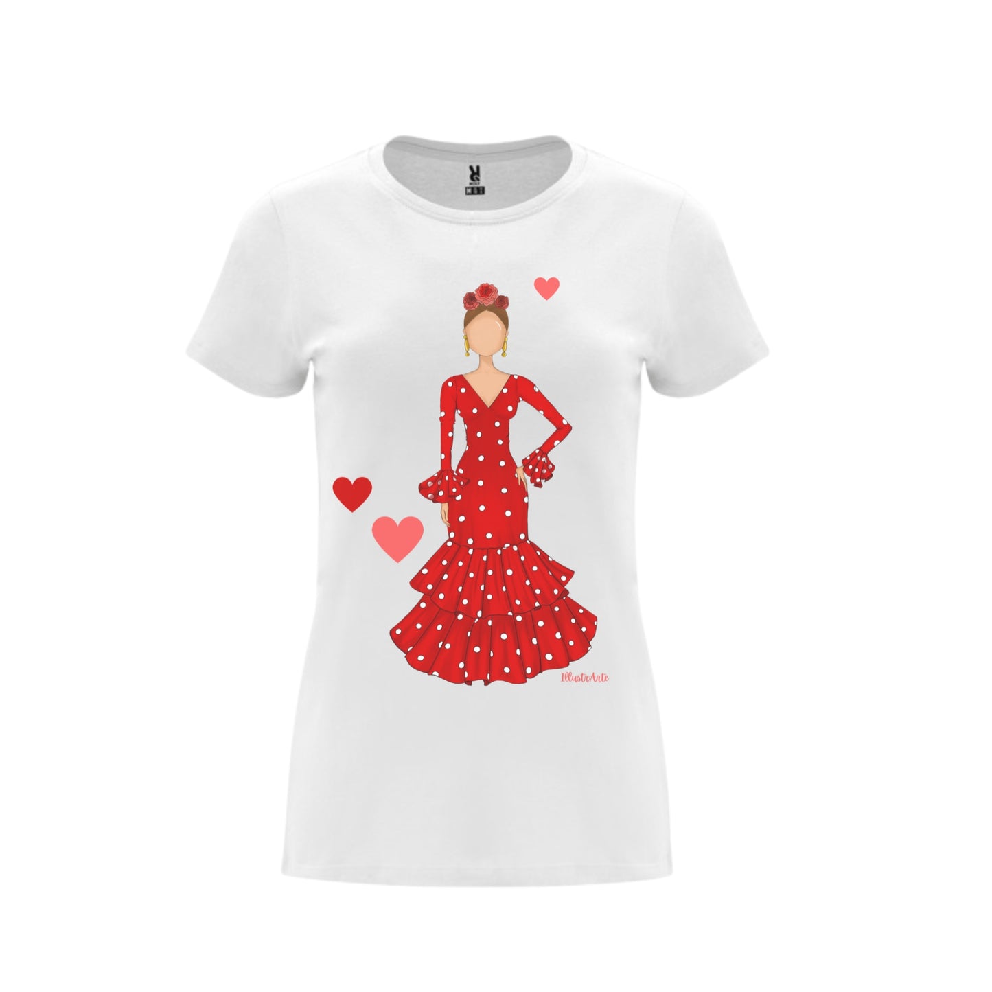 a white t - shirt with a woman in a red dress