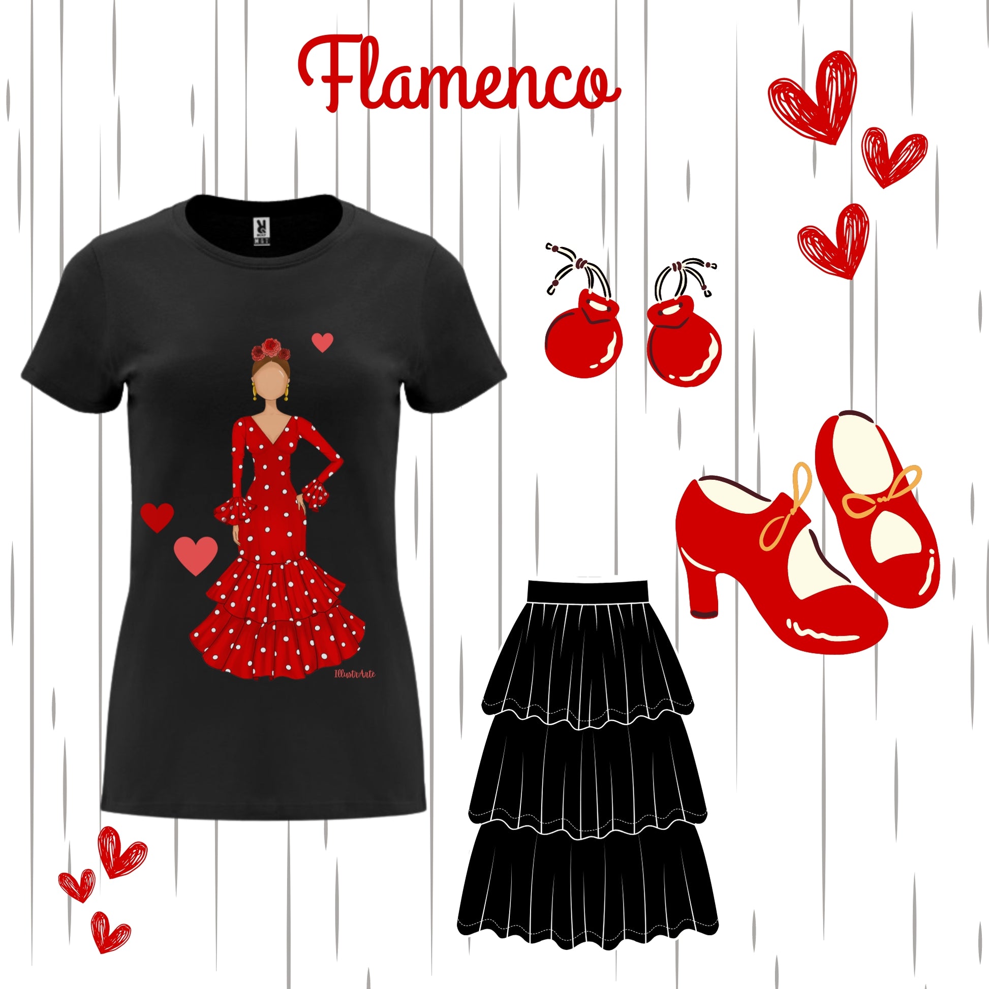 a women's black t - shirt with a red dress and red shoes