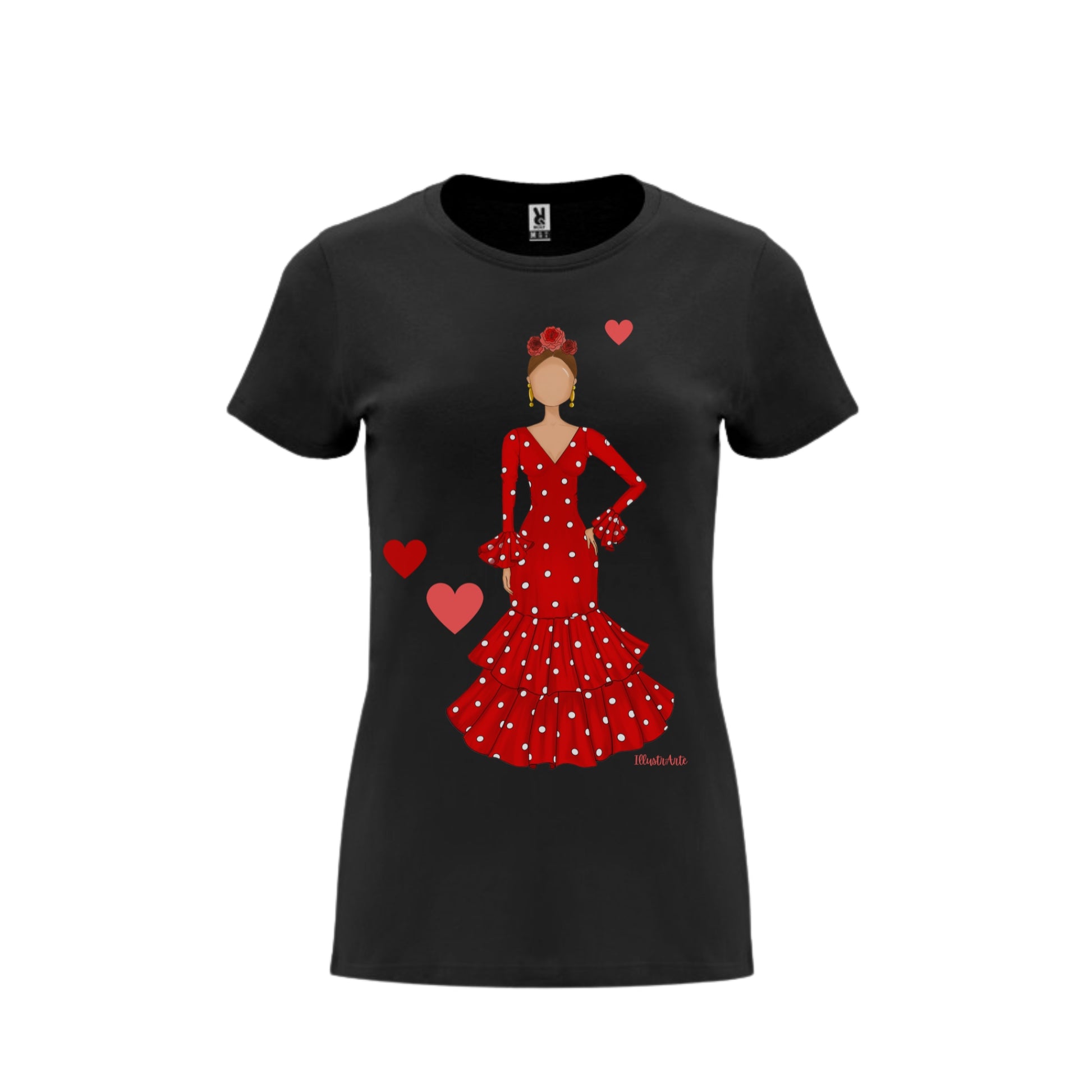 a women's black t - shirt with a red dress and hearts on it