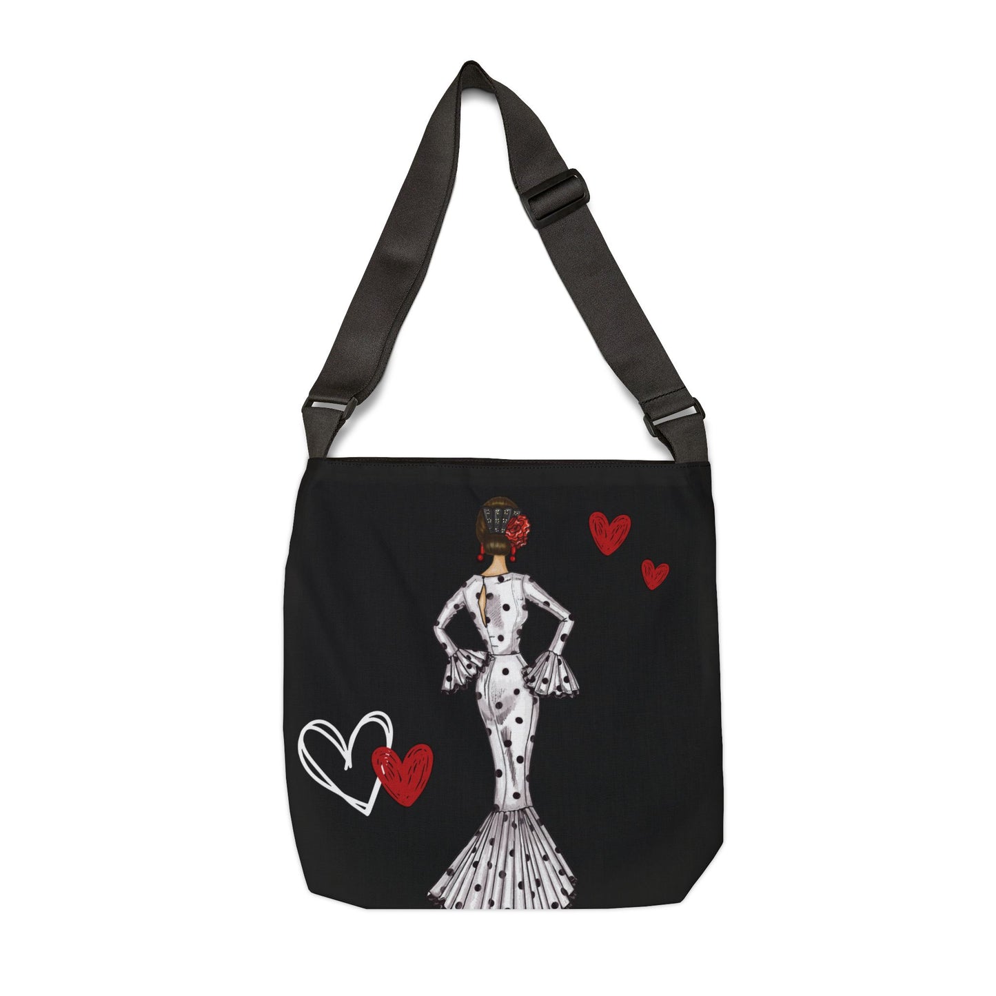 a black bag with a woman in a dress and hearts on it