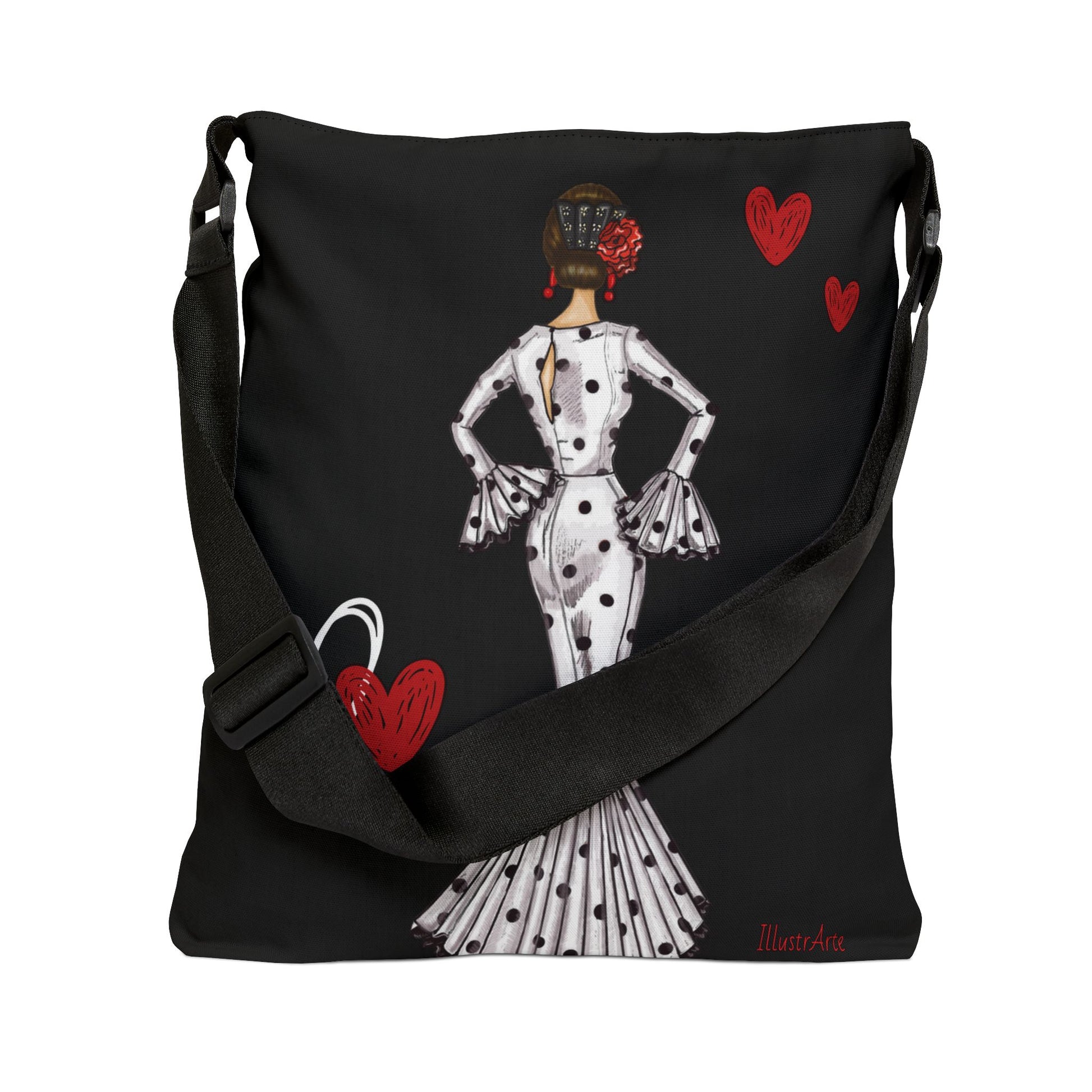 a black bag with a picture of a woman in a dress