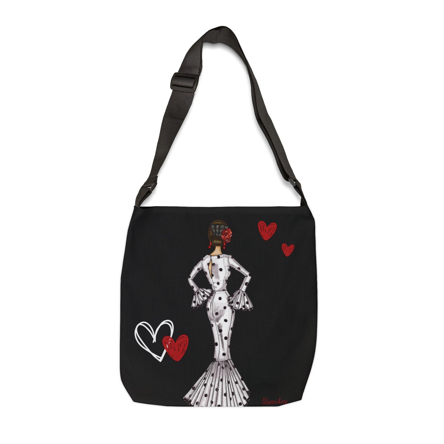 a black bag with a picture of a woman on it