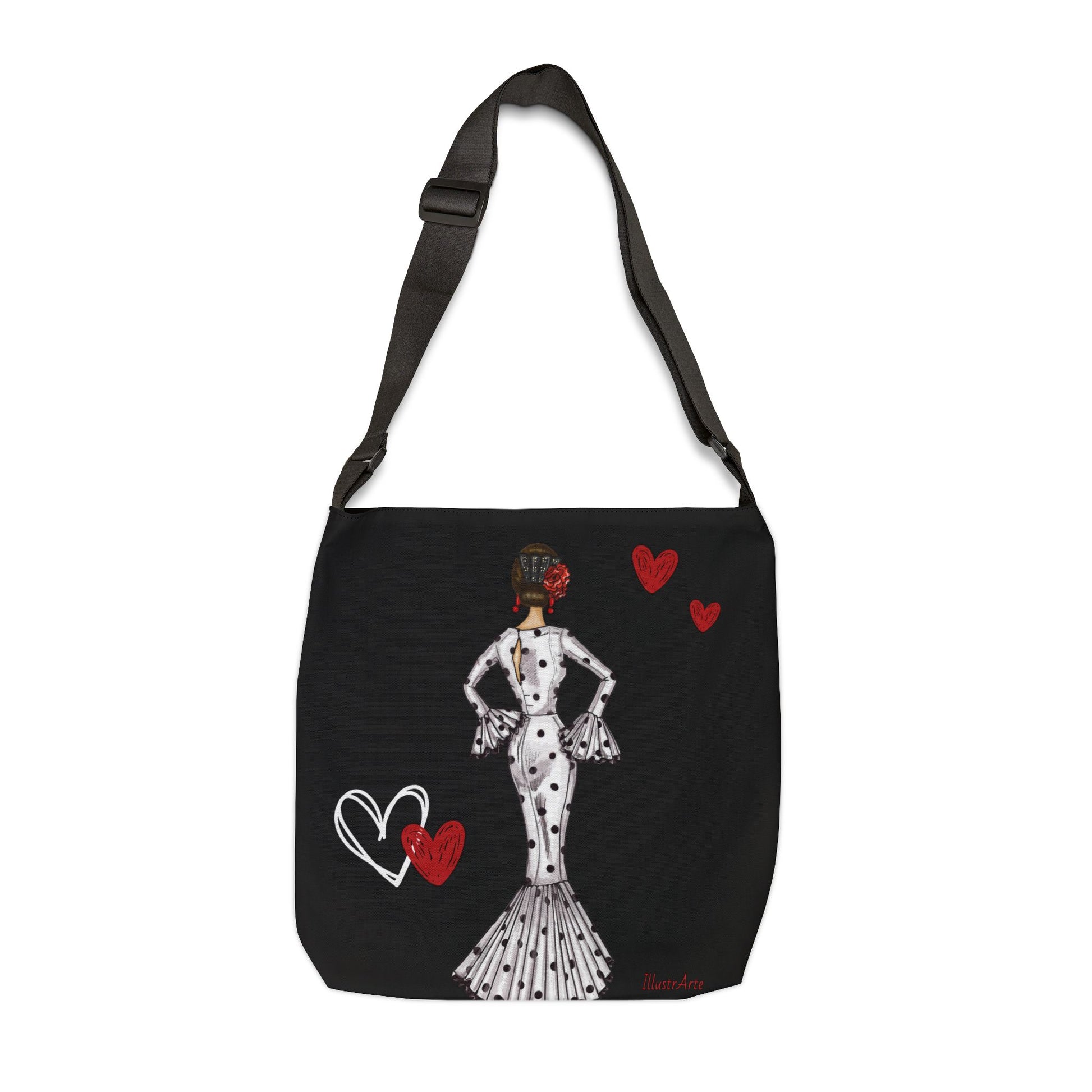 a black bag with a picture of a woman on it