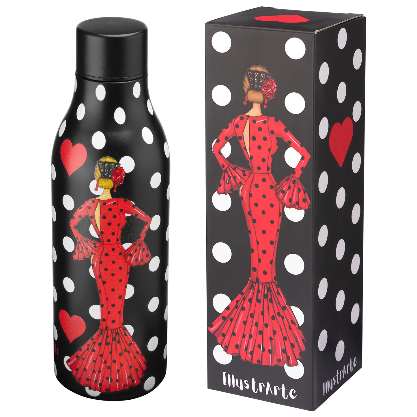 Flamenco Macarena Gift Pack – Black Thermal Bottle with Red Dress + Cádiz Bag “Macarena Red Dress”