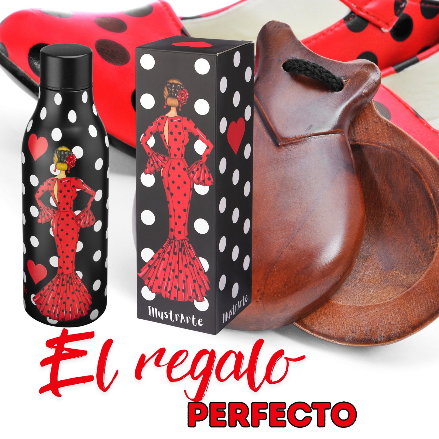 Pack Botella “María” rojo + Delantal “María” rojo – Set flamenco con mucho arte illustrArte