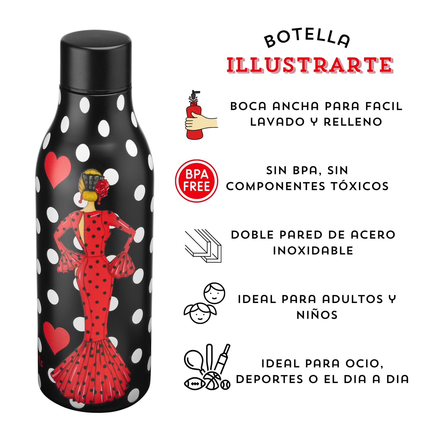 Pack Botella “María” rojo + Delantal “María” rojo – Set flamenco con mucho arte illustrArte