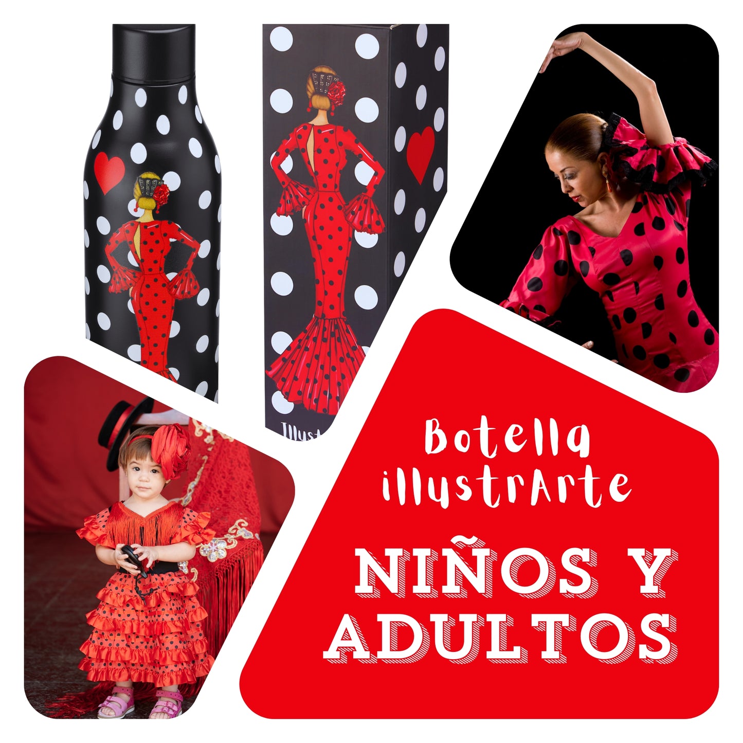 Pack Regalo Flamenca María – Botella Térmica Negra con Vestido Rojo + Bolsa Cádiz de Algodón “María Rojo”
