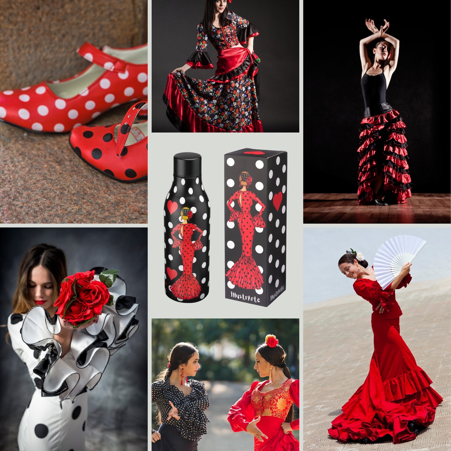 Pack Regalo Flamenca María Rojo – Botella Térmica Negra con Vestido Rojo + Bolsa Cádiz “María Rojo” + Neceser Granada “María Rojo Fondo Negro”