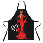 Delantal flamenco negro de IllustrArte con diseño de Maria con vestido rojo, ideal para la cocina.