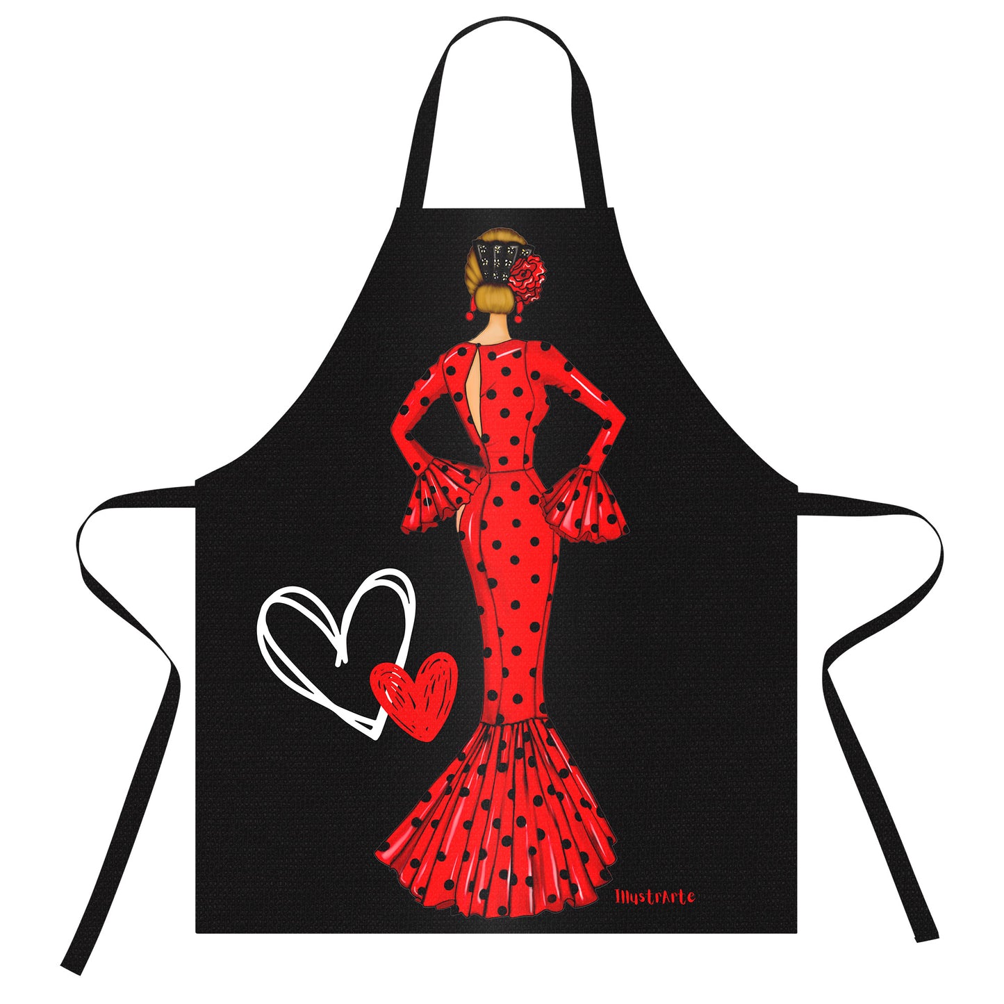 Pack Botella “María” rojo + Delantal “María” rojo – Set flamenco con mucho arte illustrArte