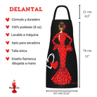 Delantal flamenco negro de IllustrArte, destacando el vibrante diseño de Maria con vestido rojo.