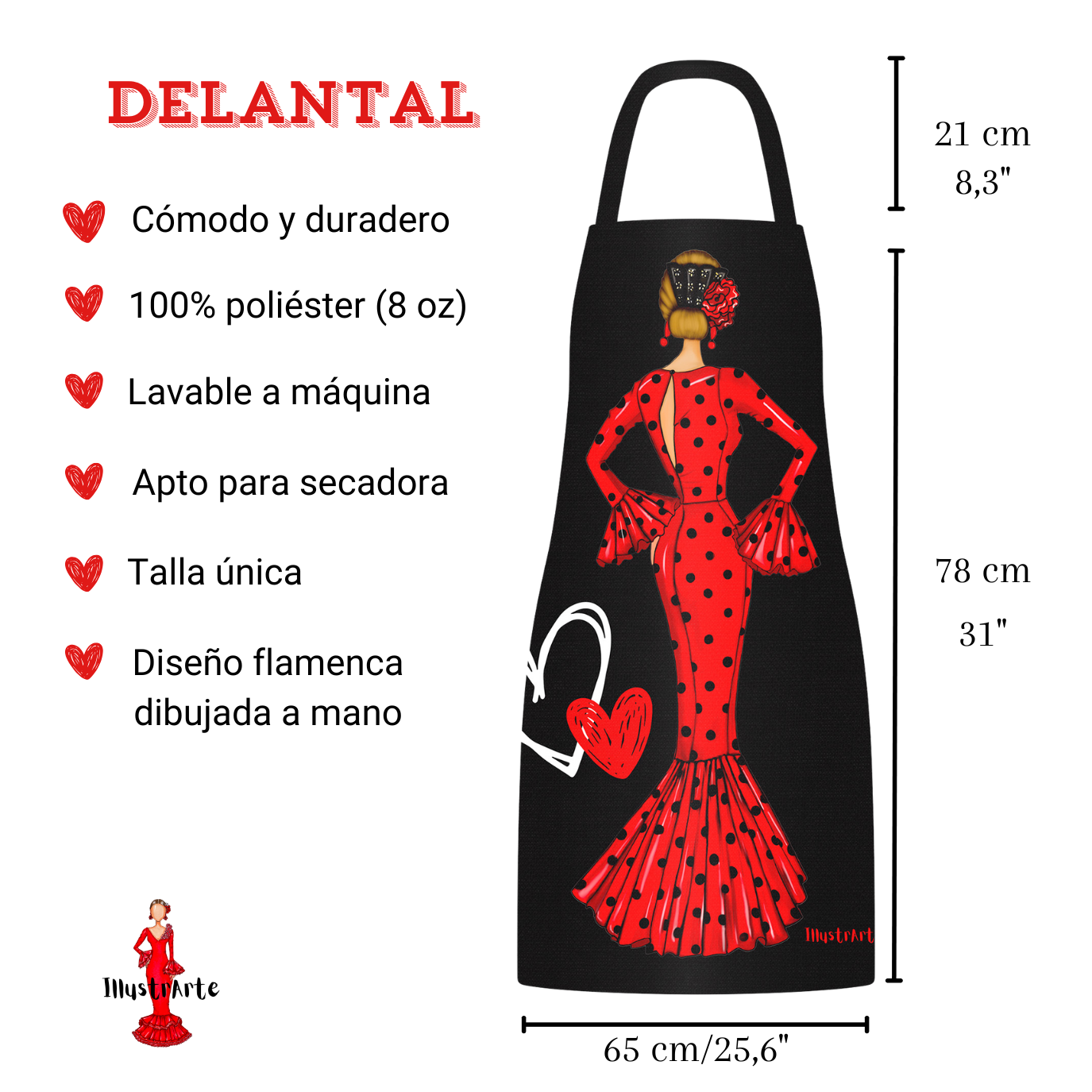 Pack Botella “María” rojo + Delantal “María” rojo – Set flamenco con mucho arte illustrArte