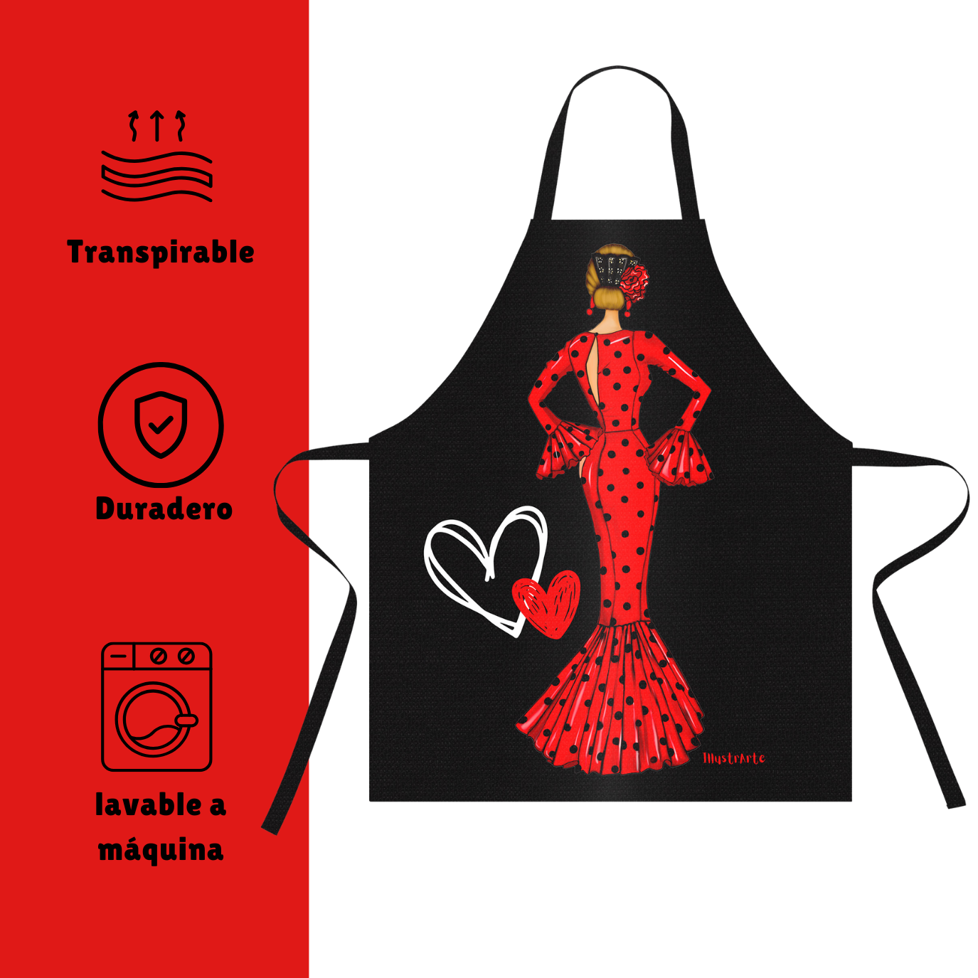 Pack Botella “María” rojo + Delantal “María” rojo – Set flamenco con mucho arte illustrArte