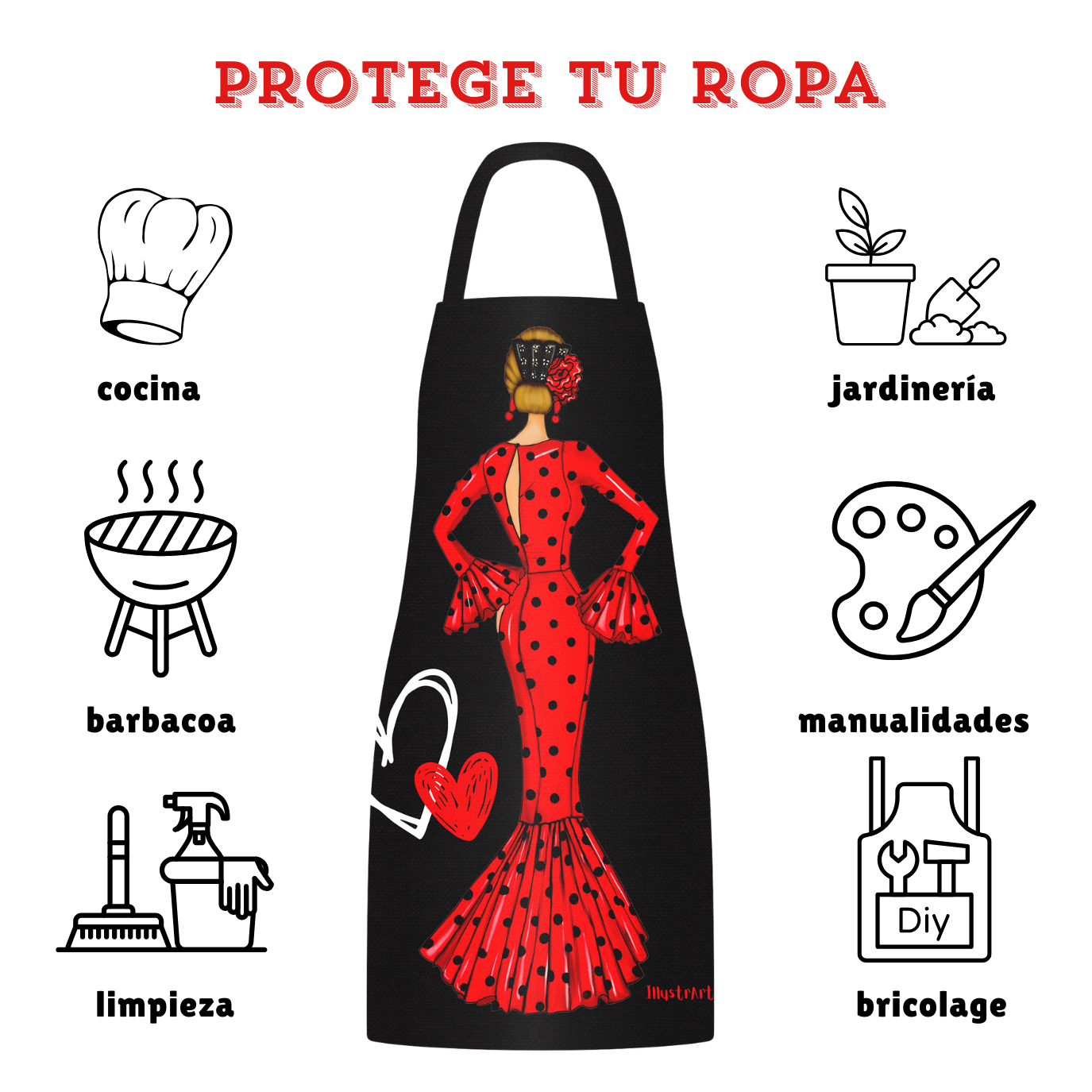 Pack Botella “María” rojo + Delantal “María” rojo – Set flamenco con mucho arte illustrArte