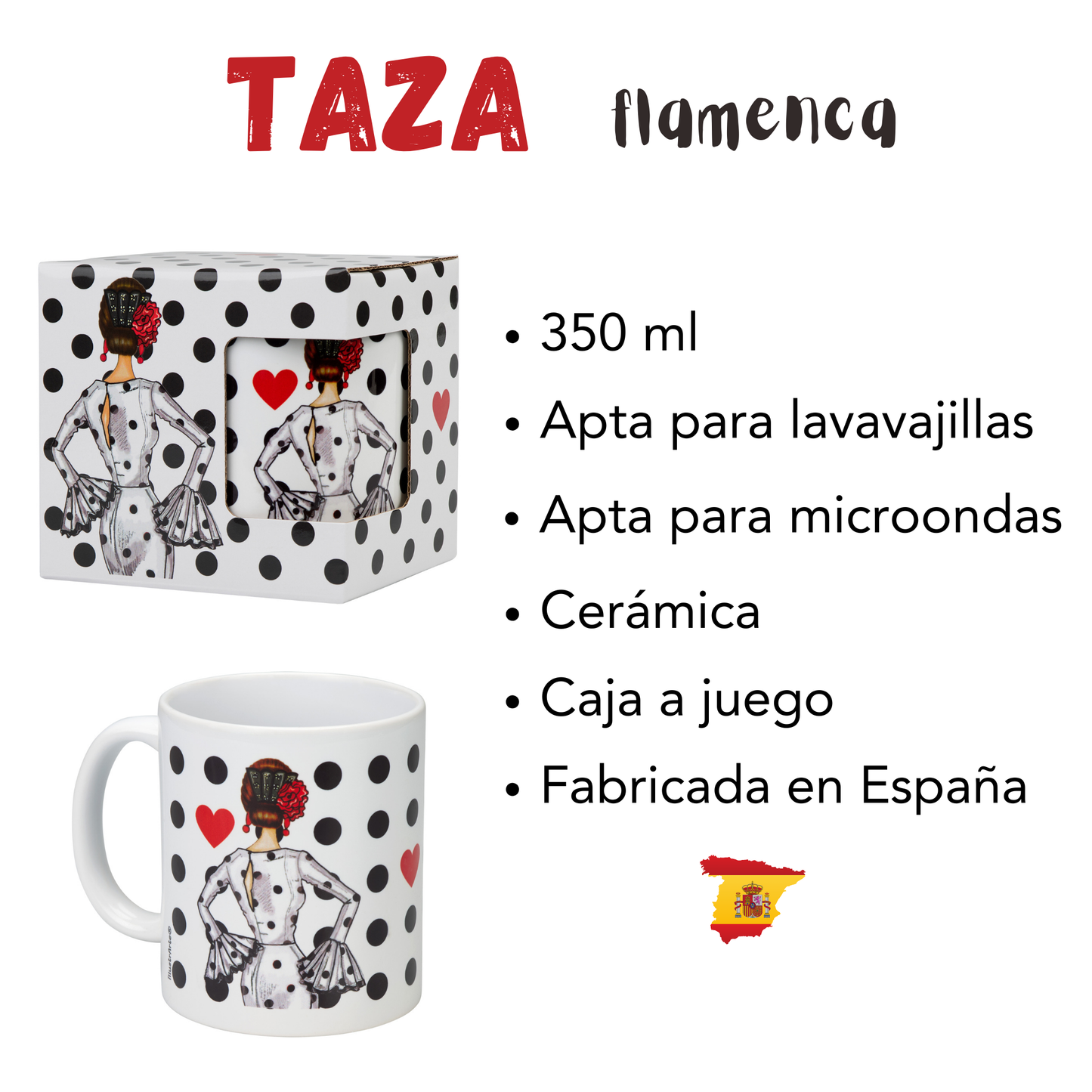 Taza de 350ml con diseño de bailarina de flamenco, característica ideal para café o té, presentado como regalo.