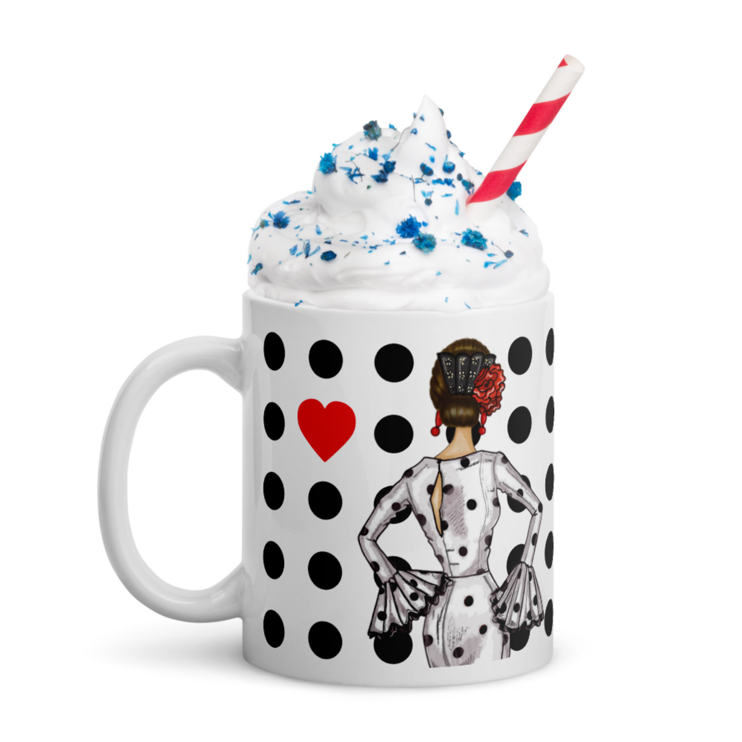 Pack Bolsa “María” Málaga blanco + Taza “María” blanco – Set flamenco con mucho arte illustrArte