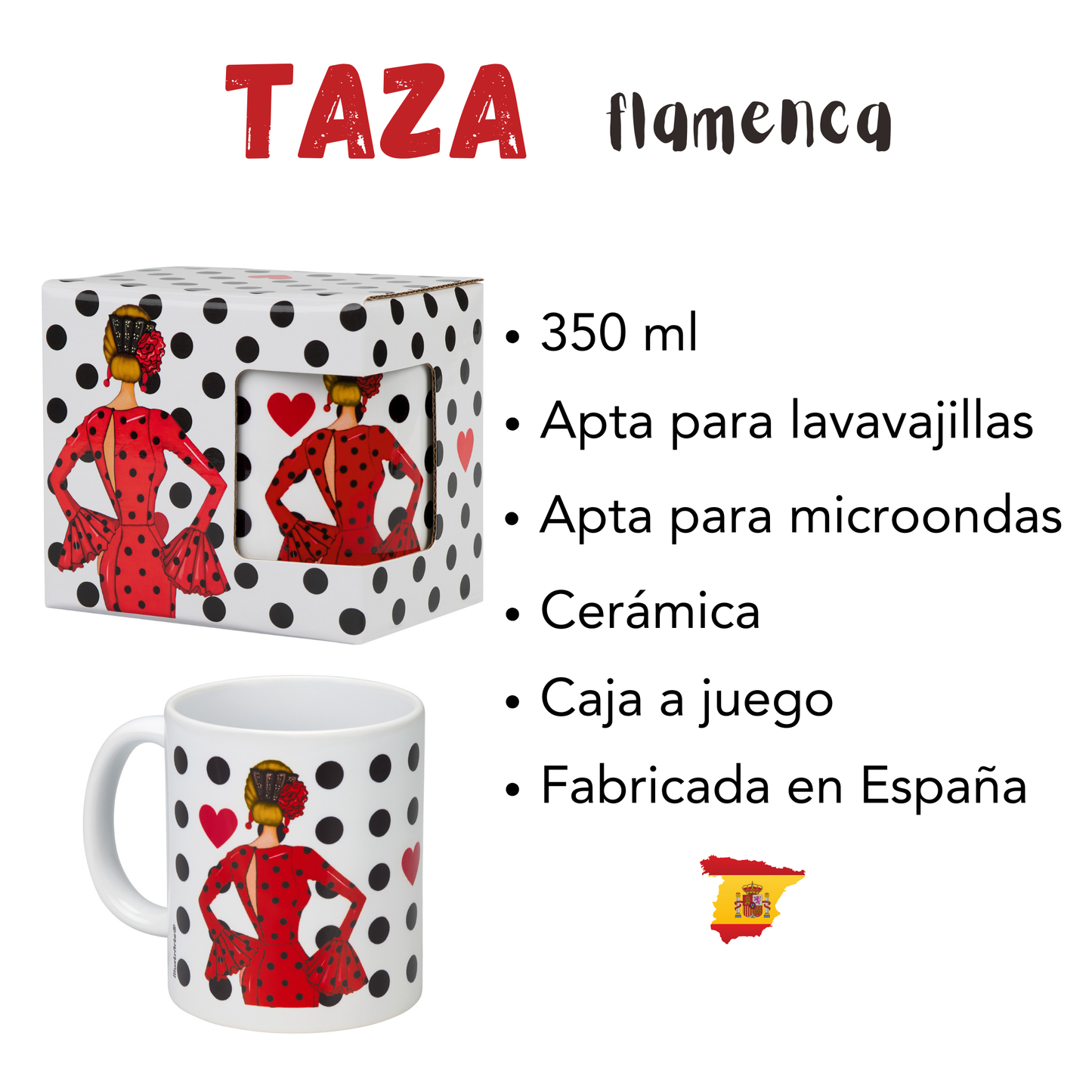 Pack Bolsa “María” Málaga rojo + Taza “María” rojo – Set flamenco con mucho arte illustrArte