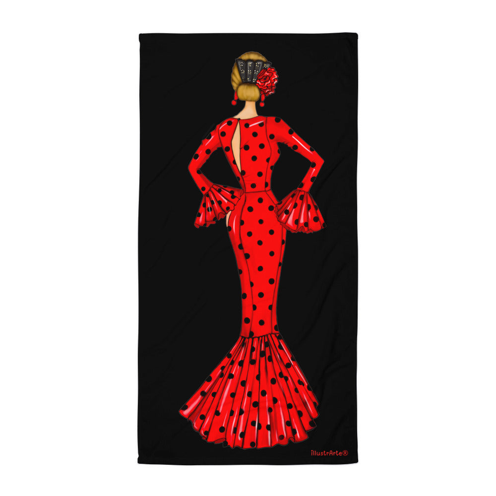 Toalla Flamenca – María con Vestido Rojo y Fondo Negro - (70x140 cm, 250 g/m²)