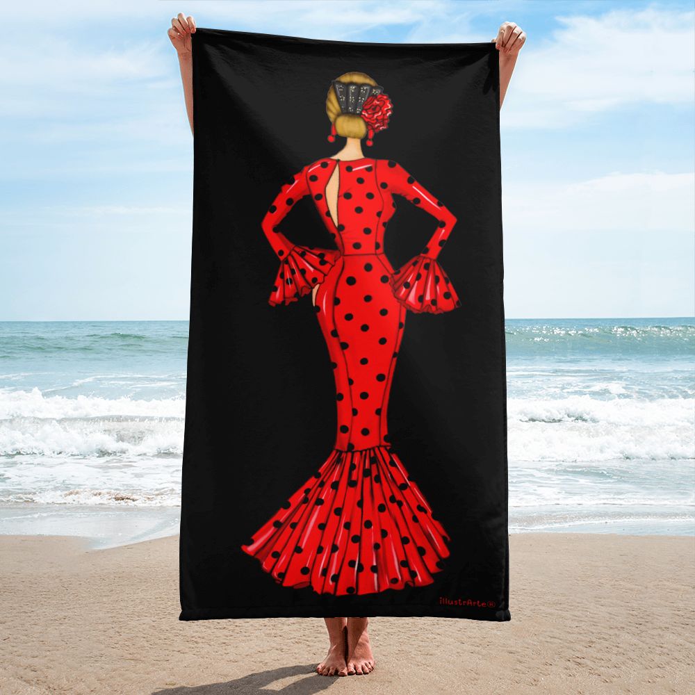 Toalla Flamenca – María con Vestido Rojo y Fondo Negro, mostrando el vibrante diseño de una bailarina flamenca que aporta estilo a tus días de sol.