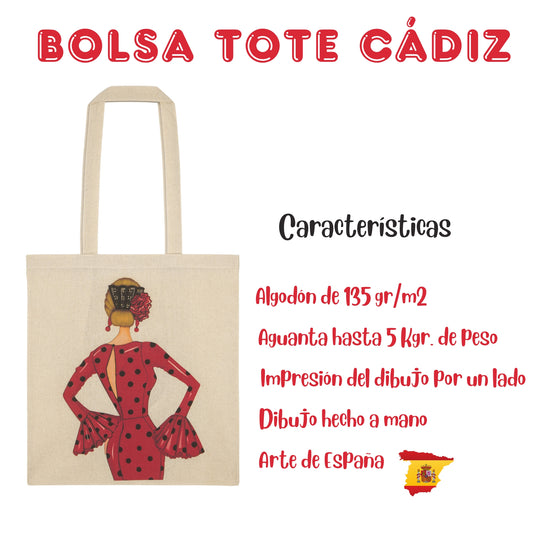 👜 IllustrArte Bolsa Tote Cádiz Diseño Flamenca “María rojo” | Algodón 135 g/m² (38 x 42 cm) | Asas Largas de 60 cm | Impresión en un Lado | Bolsa Reutilizable y Ligera (Soporta hasta 5 kg)