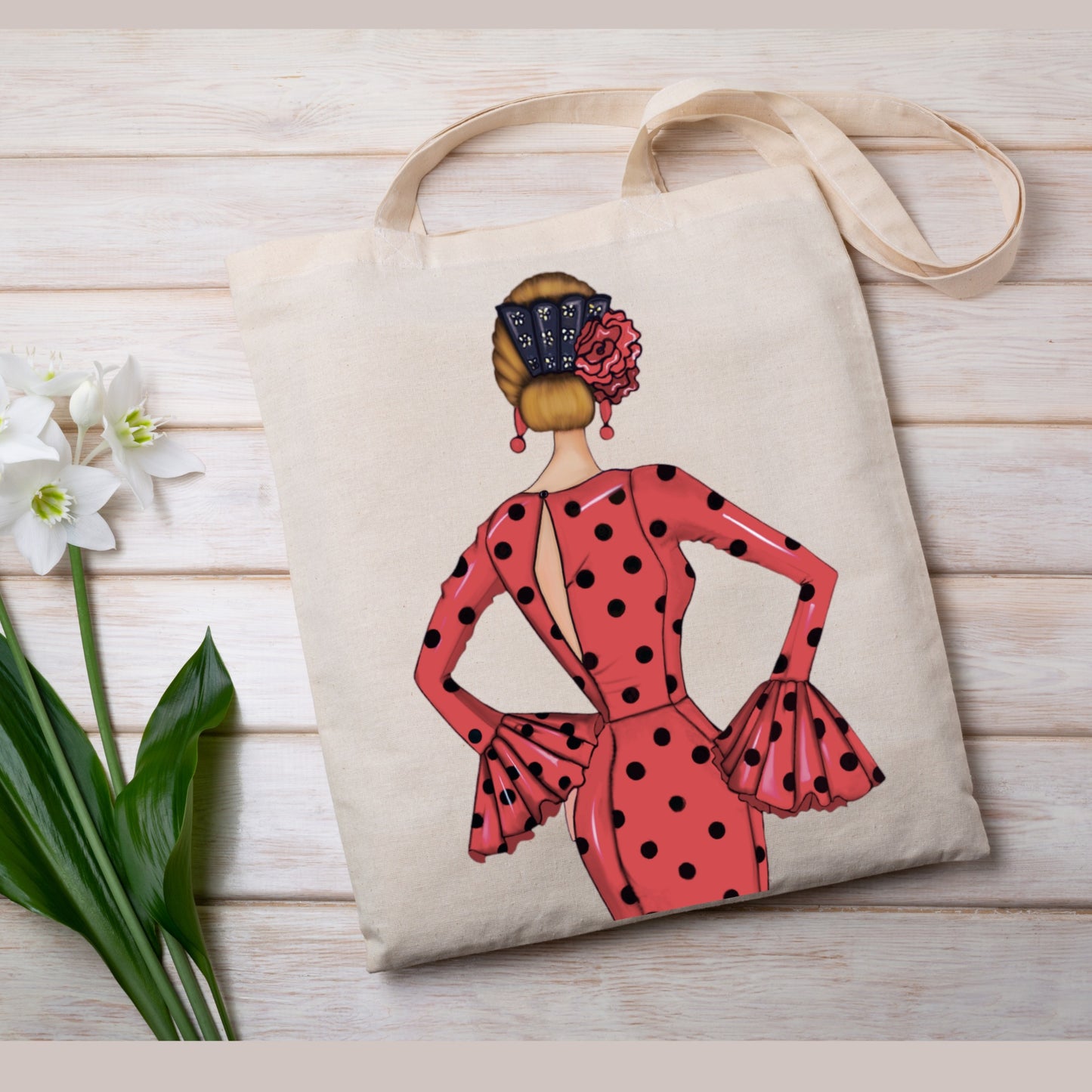 Pack Regalo Flamenca María – Botella Térmica Negra con Vestido Rojo + Bolsa Cádiz de Algodón “María Rojo”