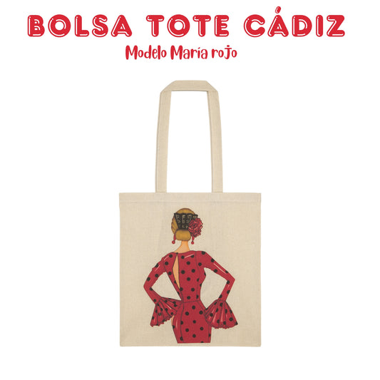 👜 IllustrArte Bolsa Tote Cádiz Diseño Flamenca “María rojo” | Algodón 135 g/m² (38 x 42 cm) | Asas Largas de 60 cm | Impresión en un Lado | Bolsa Reutilizable y Ligera (Soporta hasta 5 kg)