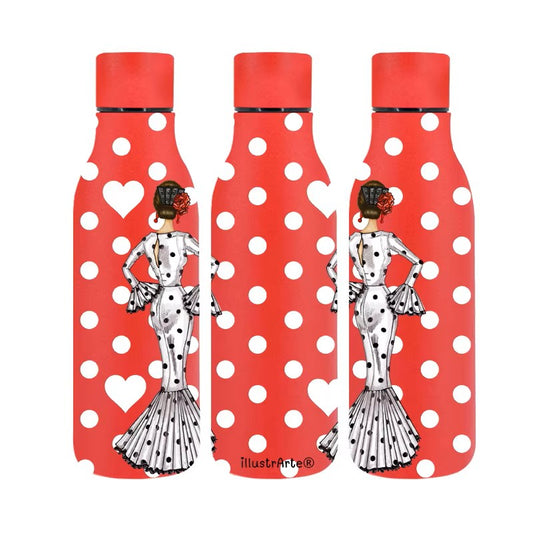 Botella de acero inoxidable 500ml Modelo María en color blanco con fondo rojo, ideal para tus aventuras y como accesorio de moda.