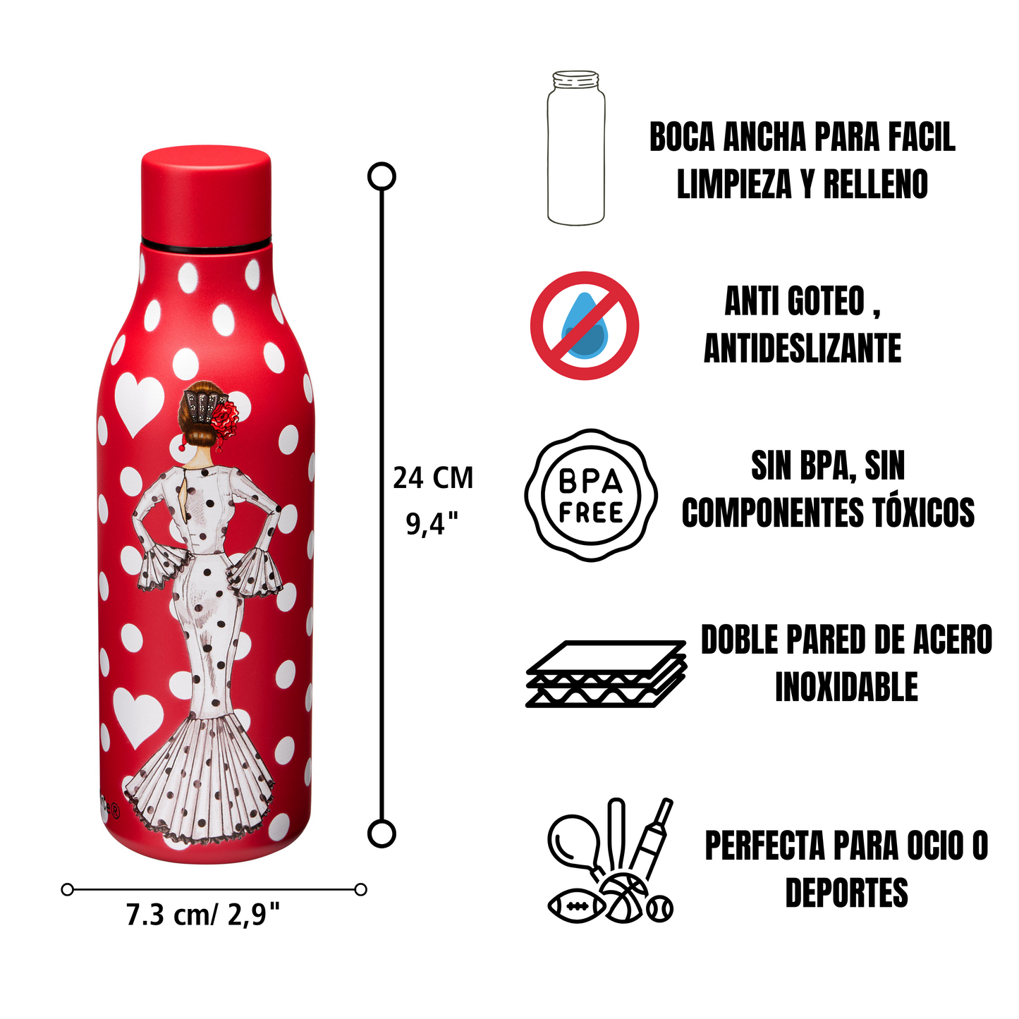 Pack Regalo Flamenca María Blanco – Botella Térmica Roja + Neceser Granada “María Blanco Fondo Rojo” + Cuaderno María Blanco