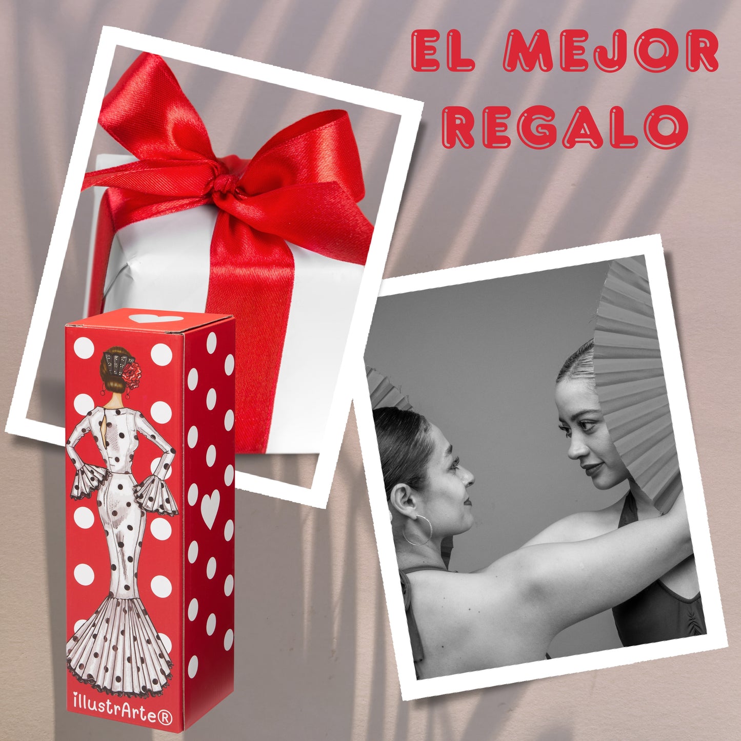 Pack Botella “María” blanco fondo rojo + Delantal “María” blanco – Diseño flamenco elegante illustrArte