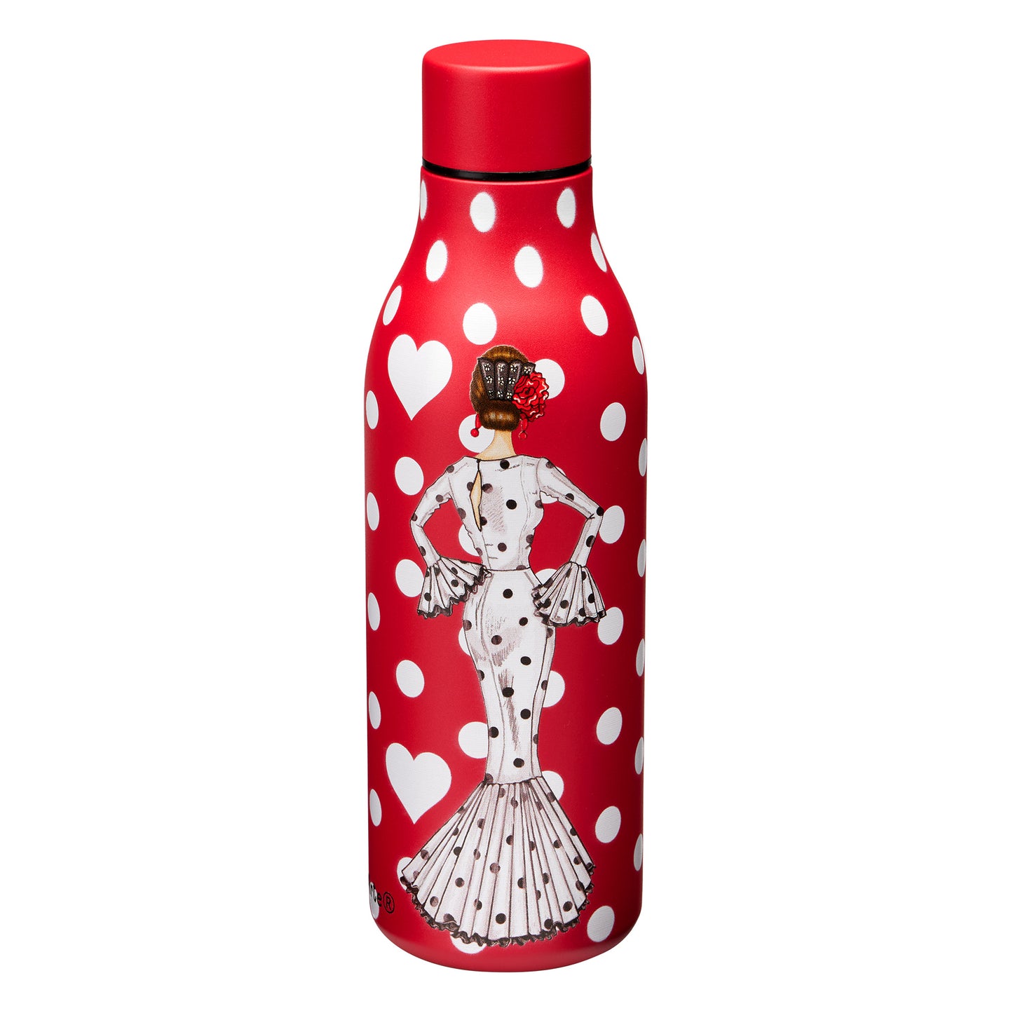 Pack Regalo Flamenca María Blanco – Botella Térmica Roja con Vestido Blanco + Bolso Málaga “María Blanco Fondo Rojo”