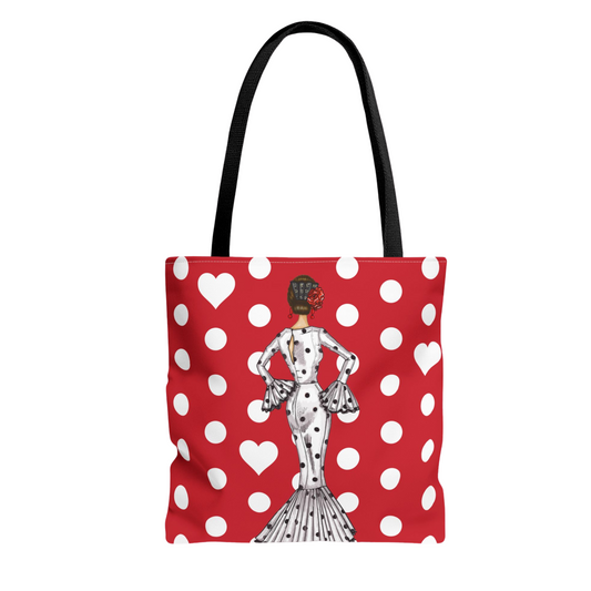 Bolsa Tote de Poliéster y Algodón 400 g/m² - Diseño Flamenca María, vista de las asas de 60 cm en acción.