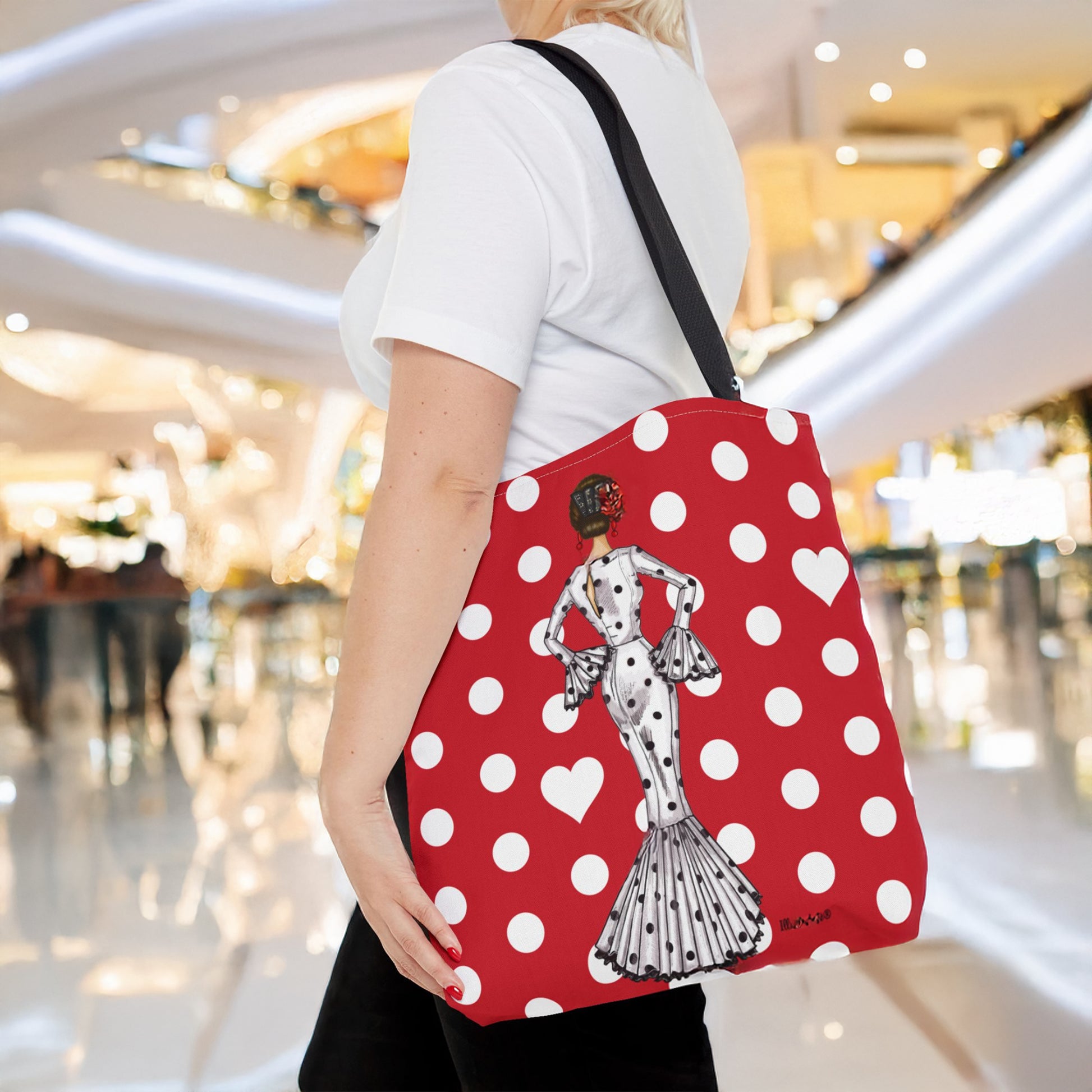 Bolsa Tote de Poliéster 400 g/m² (43x43 cm) - Diseño Flamenca María blanco con fondo rojo, perfecta para un estilo único, ideal como bolsa tote flamenca.