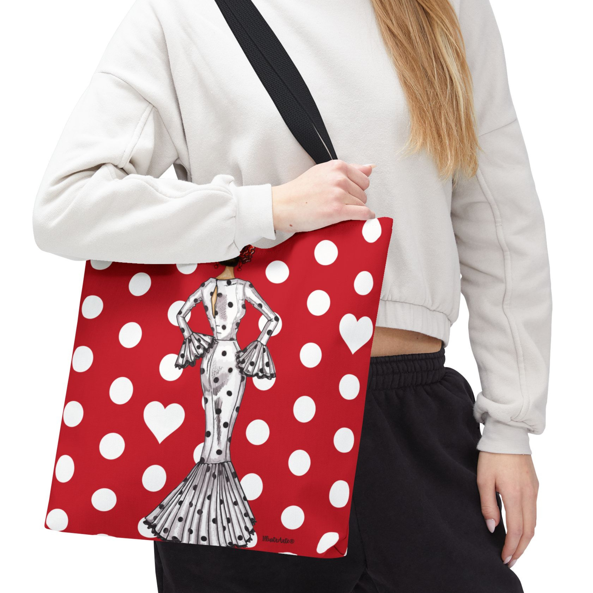 Bolsa Tote de Poliéster y Algodón 400 g/m² - Diseño Flamenca María, mostrando su amplio espacio interior ideal para compras y libros.