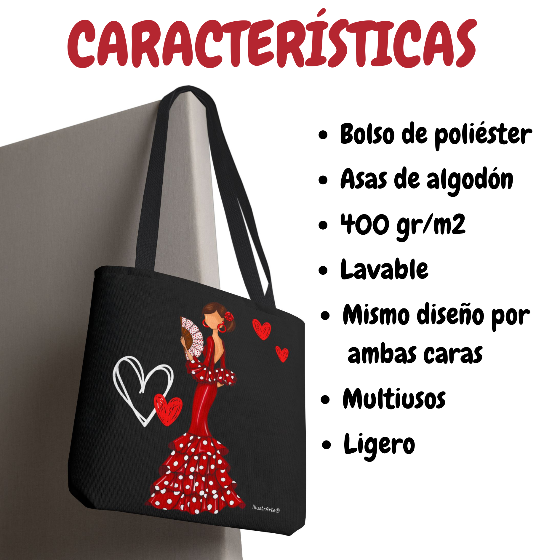 Bolsa Tote de Poliéster y Algodón 400 g/m² - Diseño Flamenca Pepa con Corazones, imagen que ilustra su uso práctico en un entorno de compras.
