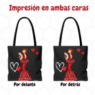 Bolsa Tote de Poliéster y Algodón 400 g/m² - Diseño Flamenca Pepa con Corazones, enfocándose en el acabado duradero de la tela y sus detalles artísticos.