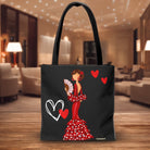 Diseño vibrante en la bolsa tote flamenca con ilustración de la flamenca Pepa, una opción resistente y sostenible.