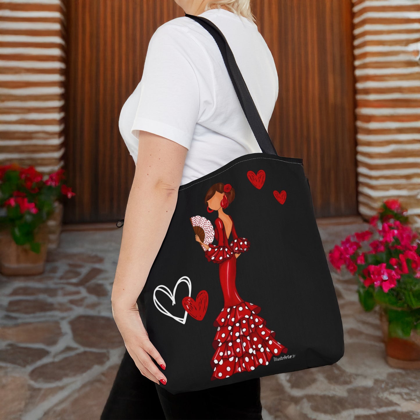 Bolsa tote flamenca reutilizable con asas de 60 cm, ideal para compras y actividades diarias, impresa a doble cara.