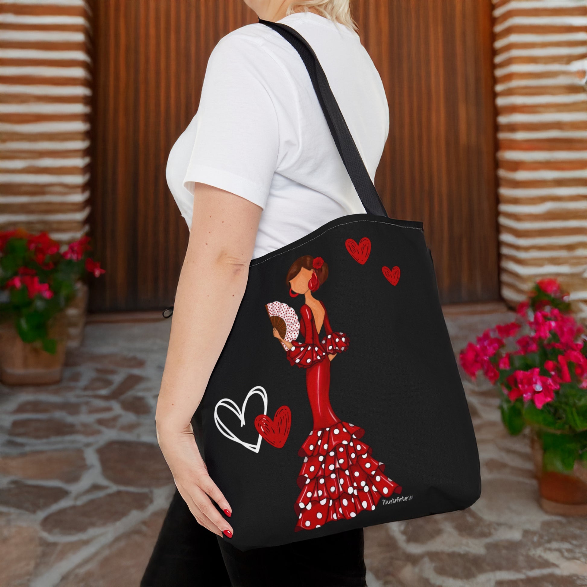 Bolsa tote flamenca reutilizable con asas de 60 cm, ideal para compras y actividades diarias, impresa a doble cara.