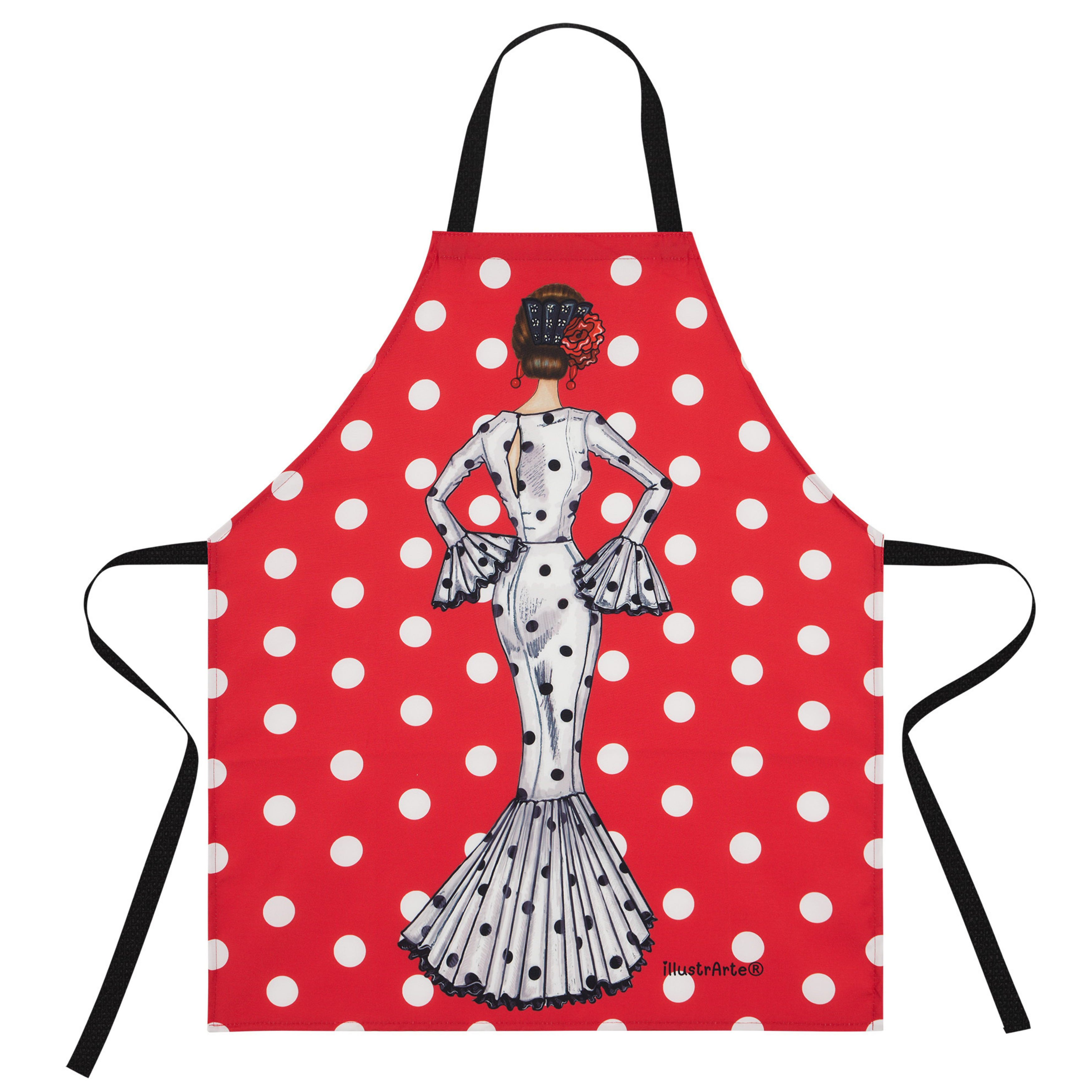 Delantal flamenco negro de IllustrArte, diseño encantador en blanco con fondo rojo, ideal para cocinar con estilo.