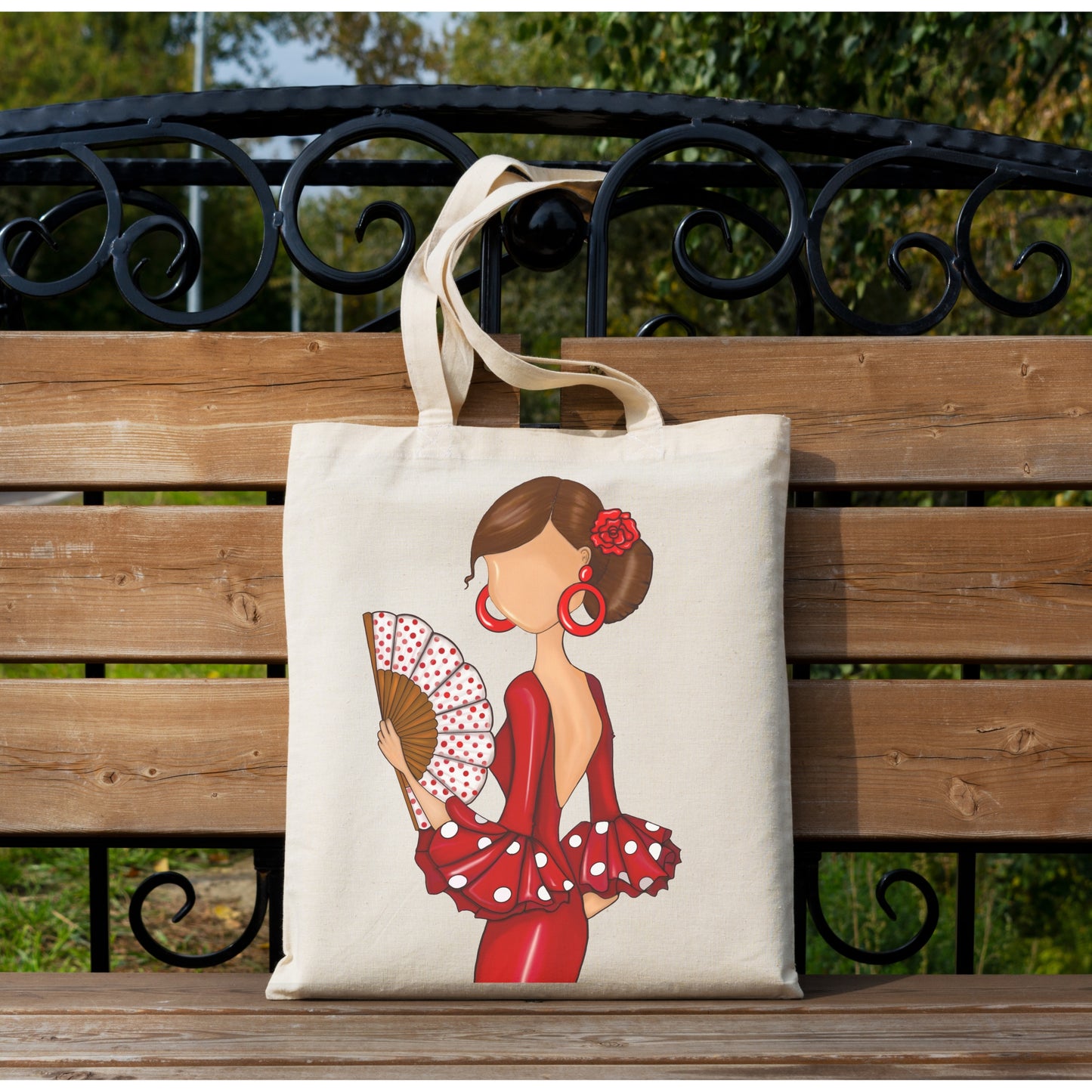 Pack Regalo Flamenca Pepa – Botella Térmica Negra con Vestido Rojo y Abanico + Bolsa Cádiz de Algodón “Pepa Rojo”