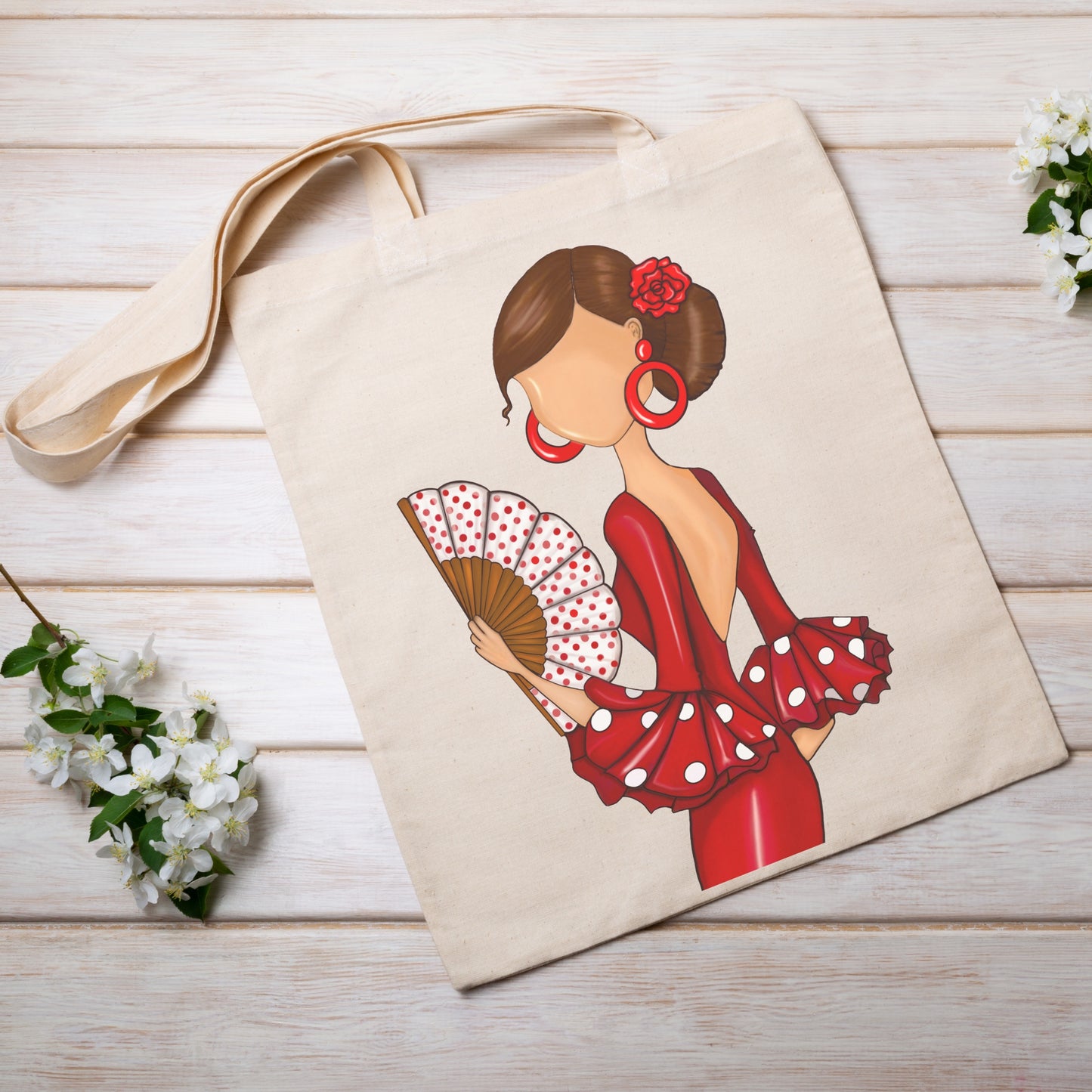 Pack Regalo Flamenca Pepa – Botella Térmica Negra con Vestido Rojo y Abanico + Bolsa Cádiz de Algodón “Pepa Rojo”