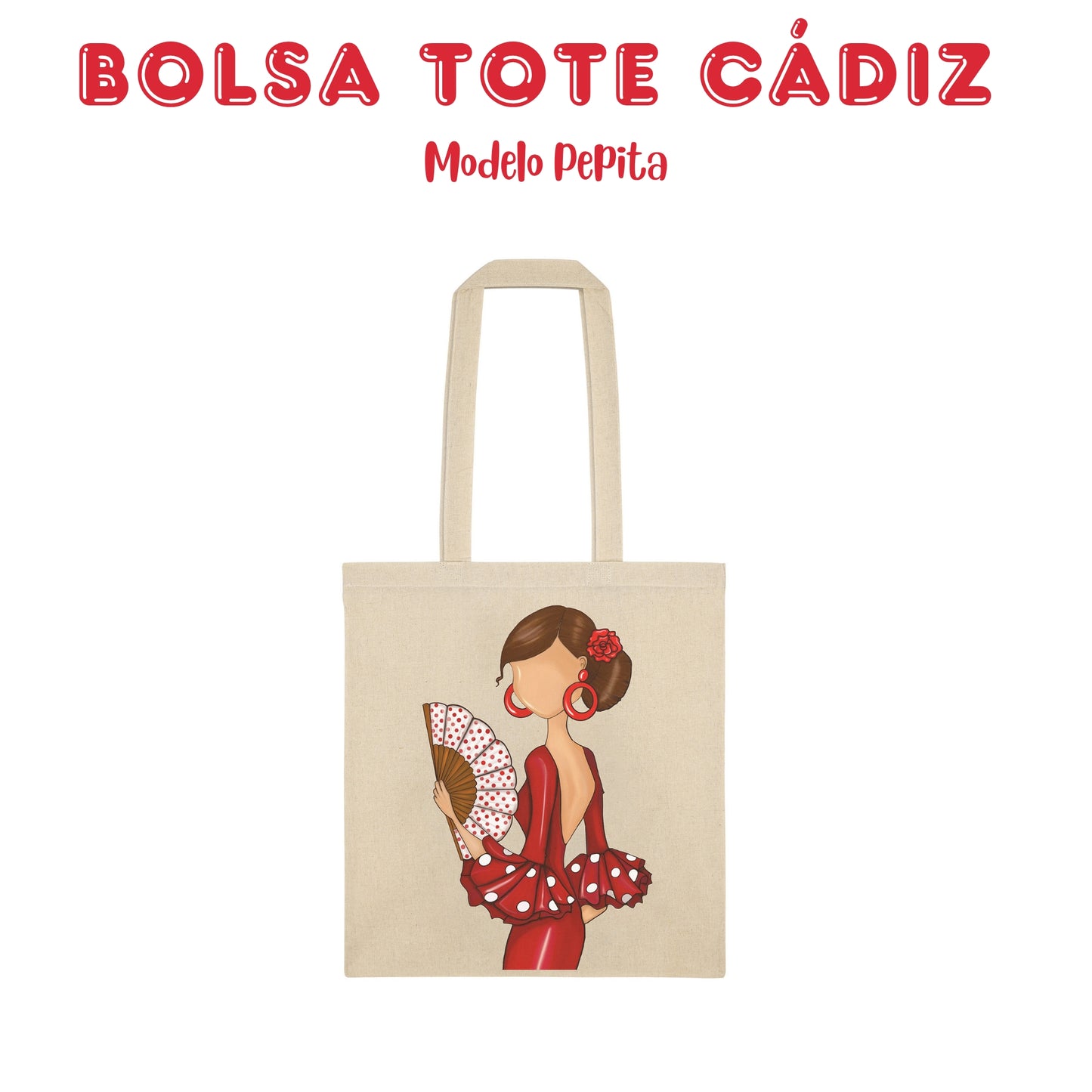 👜 IllustrArte Bolsa Tote Cádiz Diseño Flamenca “Pepa” | Algodón 135 g/m² (38 x 42 cm) | Asas Largas de 60 cm | Impresión en un Lado | Bolsa Reutilizable y Ligera (Soporta hasta 5 kg)