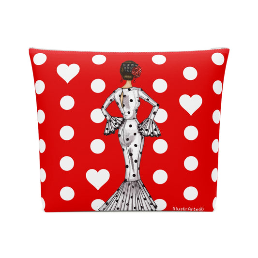 Neceser Flamenca “María Blanco” – diseño a Doble Cara – Fondo Rojo con Lunares Blancos – 25x26 cm – Impermeable – Bolso de Aseo Mujer o Viaje